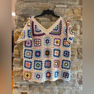 Alpaca Made Cotton Blend V-neck granny square sweater Colorful Short Sleeve L